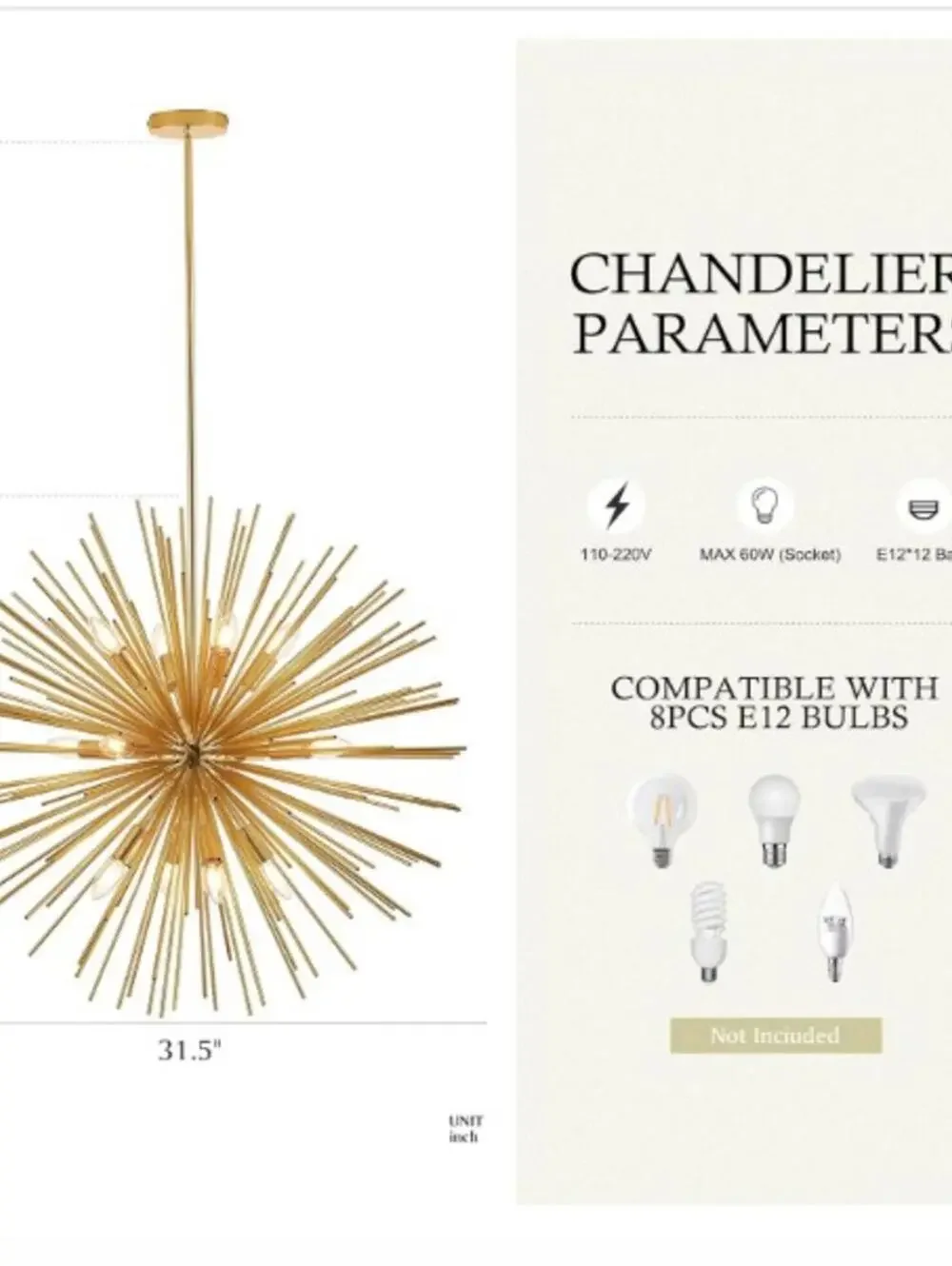 BRAND NEW: Salaiwei Chandelier Sputnik 12-Light, 31.5 Inch, Metal, Gold
